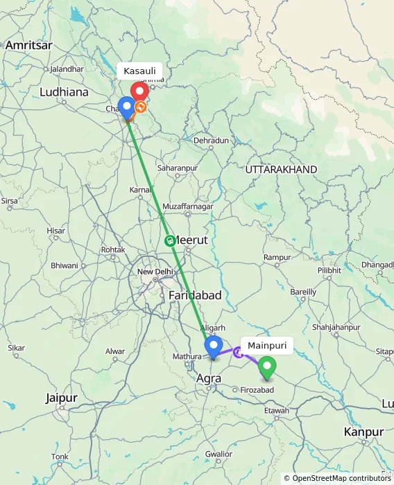 Route map showing distance and travel time from Mainpuri, India to Kasauli, India