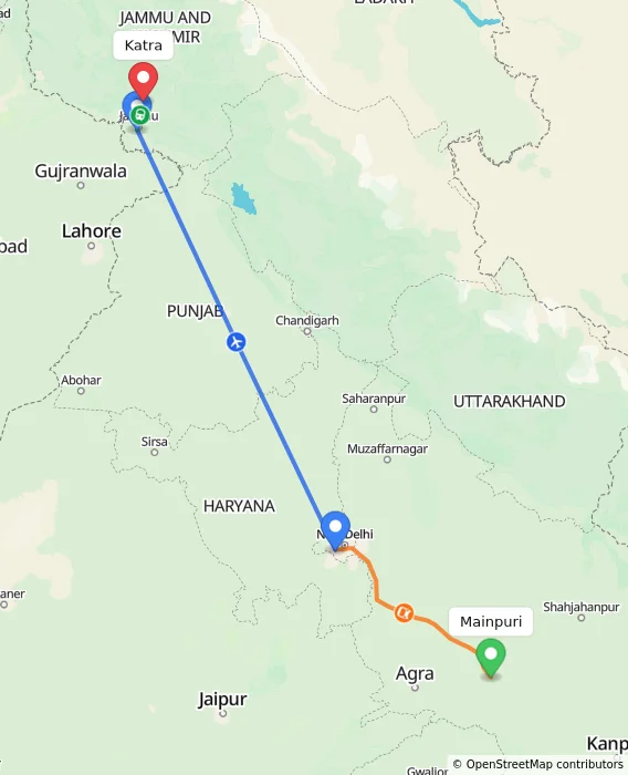 Route map showing distance and travel time from Mainpuri, India to Katra, India