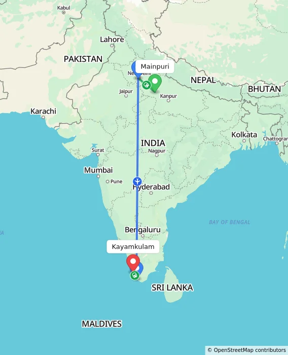 Route map showing distance and travel time from Mainpuri, India to Kayamkulam, India