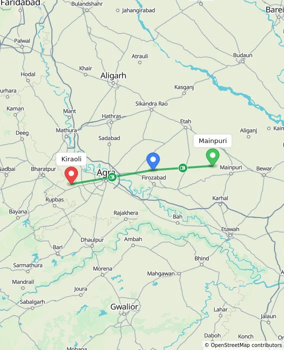 Route map showing distance and travel time from Mainpuri, India to Kiraoli, India