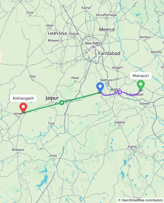 Route map showing distance and travel time from Mainpuri, India to Kishangarh, India