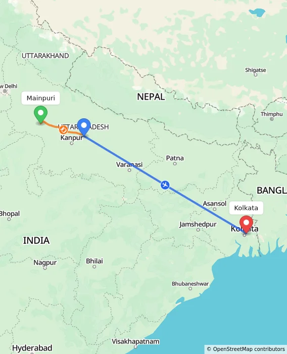 Route map showing distance and travel time from Mainpuri, India to Kolkata, India