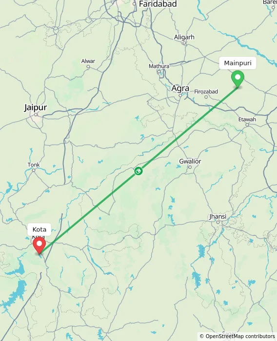 Route map showing distance and travel time from Mainpuri, India to Kota, India