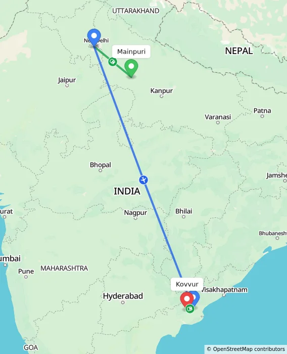 Route map showing distance and travel time from Mainpuri, India to Kovvur, India