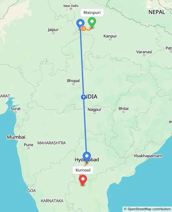 Route map showing distance and travel time from Mainpuri, India to Kurnool, India