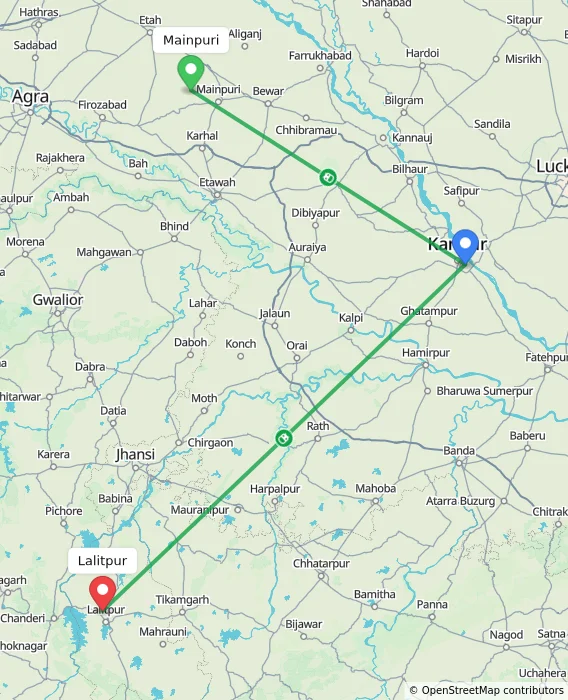 Route map showing distance and travel time from Mainpuri, India to Lalitpur, India
