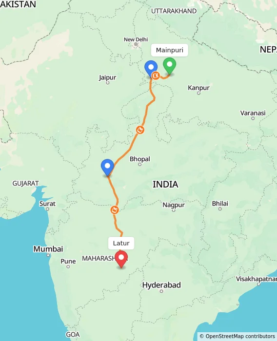 Route map showing distance and travel time from Mainpuri, India to Latur, India