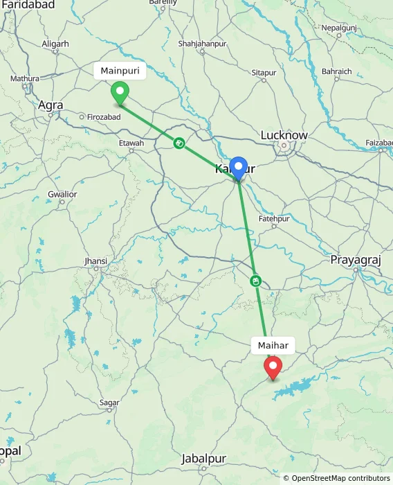Route map showing distance and travel time from Mainpuri, India to Maihar, India