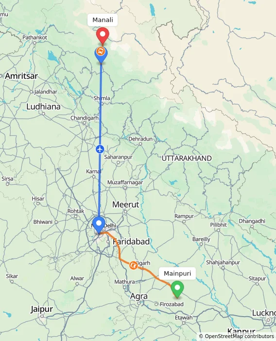 Route map showing distance and travel time from Mainpuri, India to Manali, India