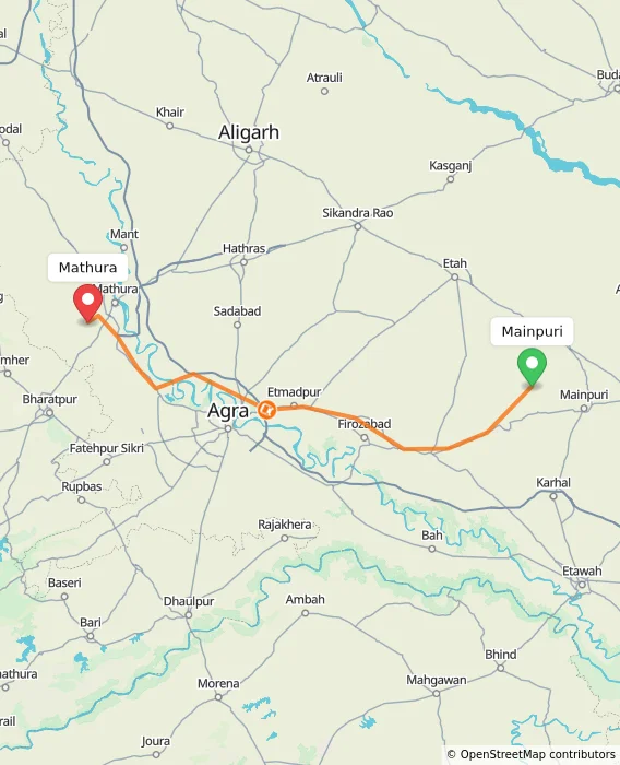 Route map showing distance and travel time from Mainpuri, India to Mathura, India