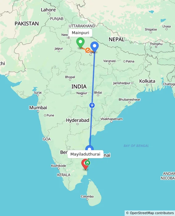 Route map showing distance and travel time from Mainpuri, India to Mayiladuthurai, India