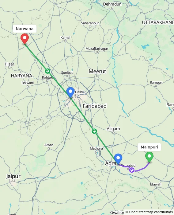 Route map showing distance and travel time from Mainpuri, India to Narwana, India