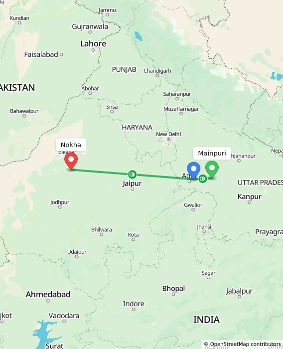 Route map showing distance and travel time from Mainpuri, India to Nokha, India