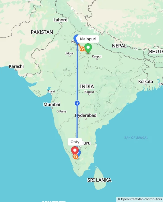 Route map showing distance and travel time from Mainpuri, India to Ooty, India