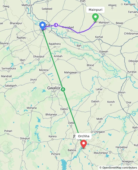 Route map showing distance and travel time from Mainpuri, India to Orchha, India