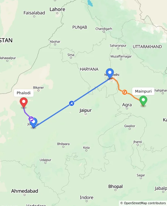 Route map showing distance and travel time from Mainpuri, India to Phalodi, India