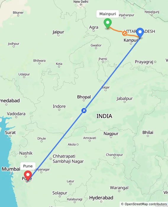 Route map showing distance and travel time from Mainpuri, India to Pune, India