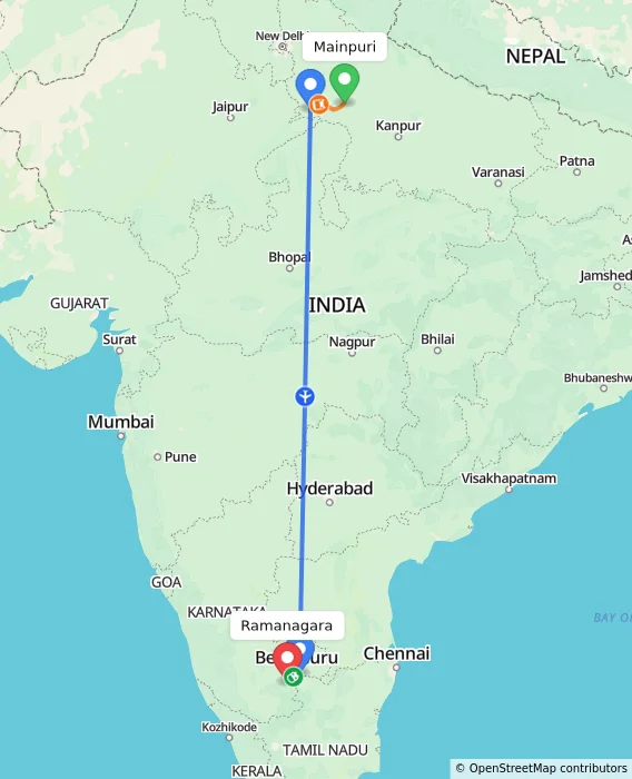 Route map showing distance and travel time from Mainpuri, India to Ramanagara, India