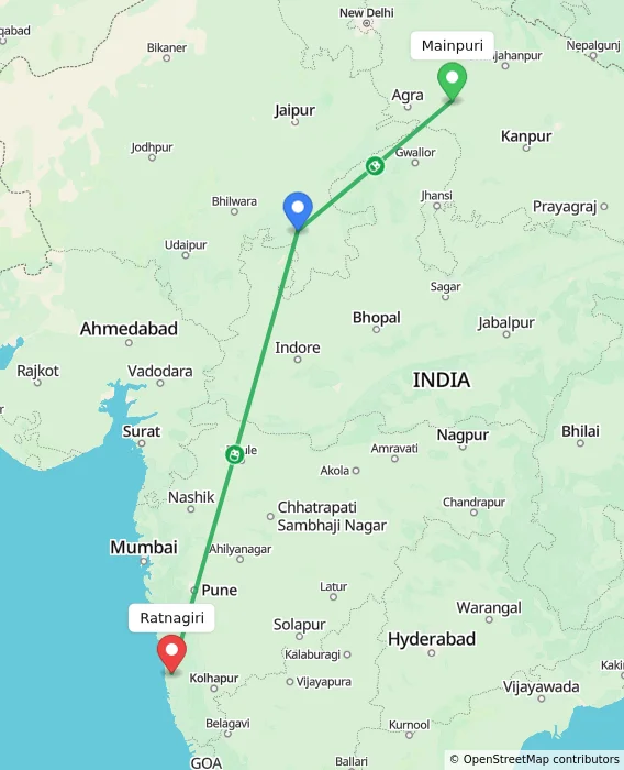 Route map showing distance and travel time from Mainpuri, India to Ratnagiri, India