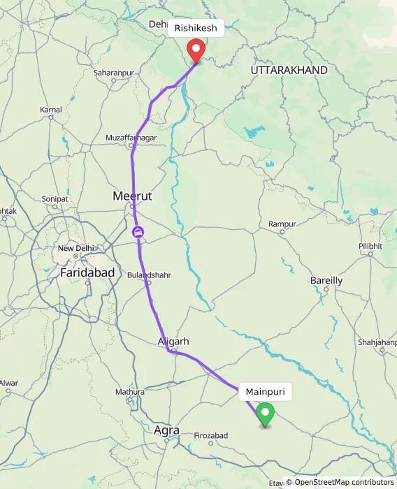 Route map showing distance and travel time from Mainpuri, India to Rishikesh, India