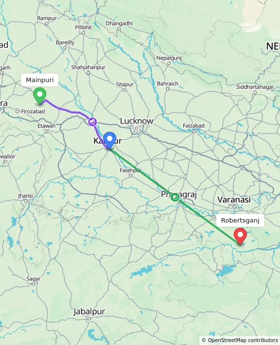 Route map showing distance and travel time from Mainpuri, India to Robertsganj, India