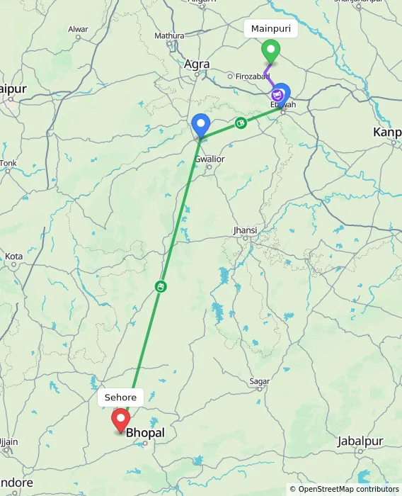 Route map showing distance and travel time from Mainpuri, India to Sehore, India
