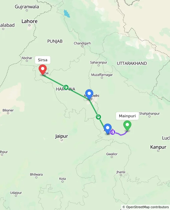 Route map showing distance and travel time from Mainpuri, India to Sirsa, India