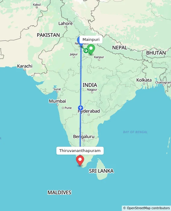 Route map showing distance and travel time from Mainpuri, India to Thiruvananthapuram, India
