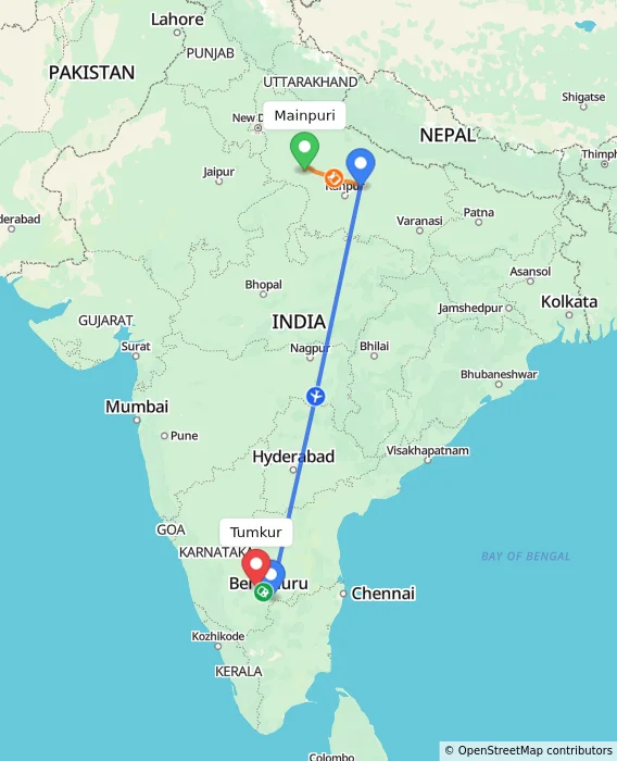 Route map showing distance and travel time from Mainpuri, India to Tumkur, India