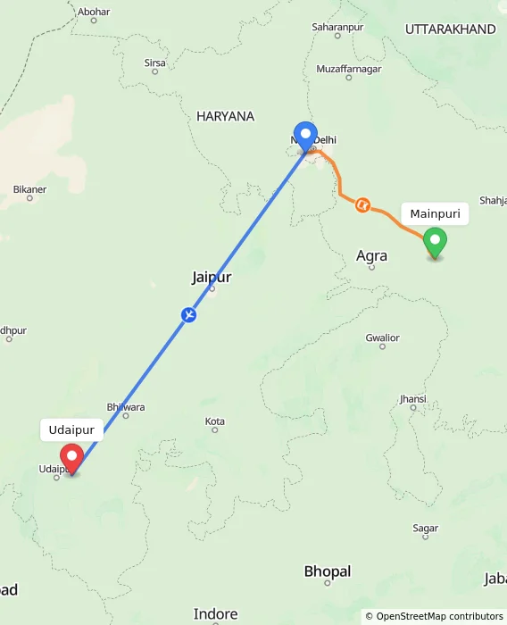 Route map showing distance and travel time from Mainpuri, India to Udaipur, India