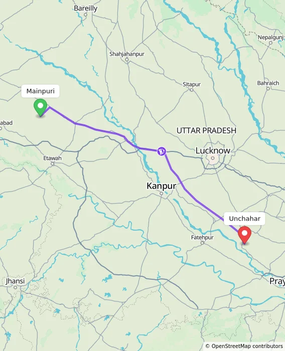 Route map showing distance and travel time from Mainpuri, India to Unchahar, India