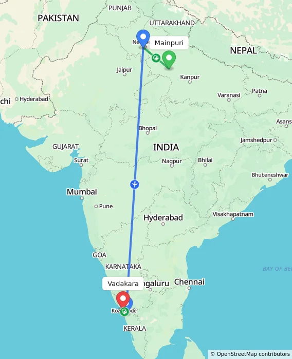 Route map showing distance and travel time from Mainpuri, India to Vadakara, India