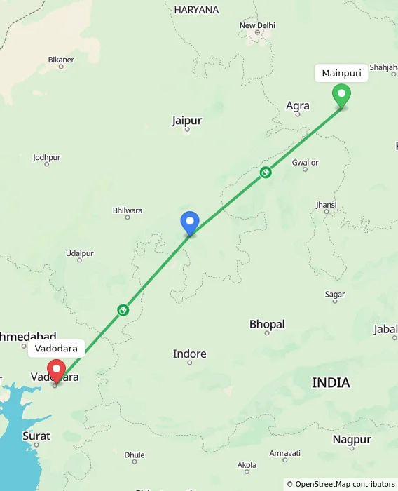 Route map showing distance and travel time from Mainpuri, India to Vadodara, India