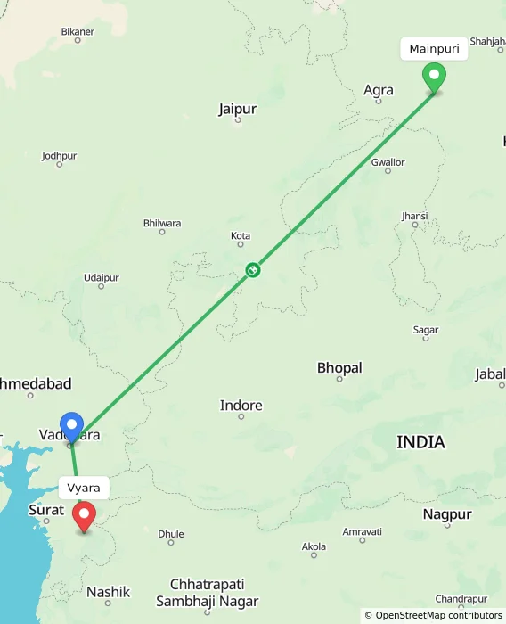 Route map showing distance and travel time from Mainpuri, India to Vyara, India
