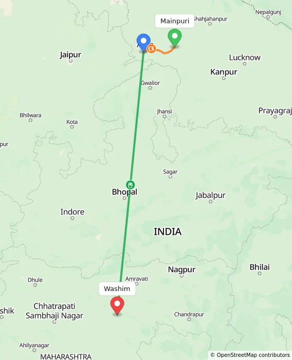 Route map showing distance and travel time from Mainpuri, India to Washim, India