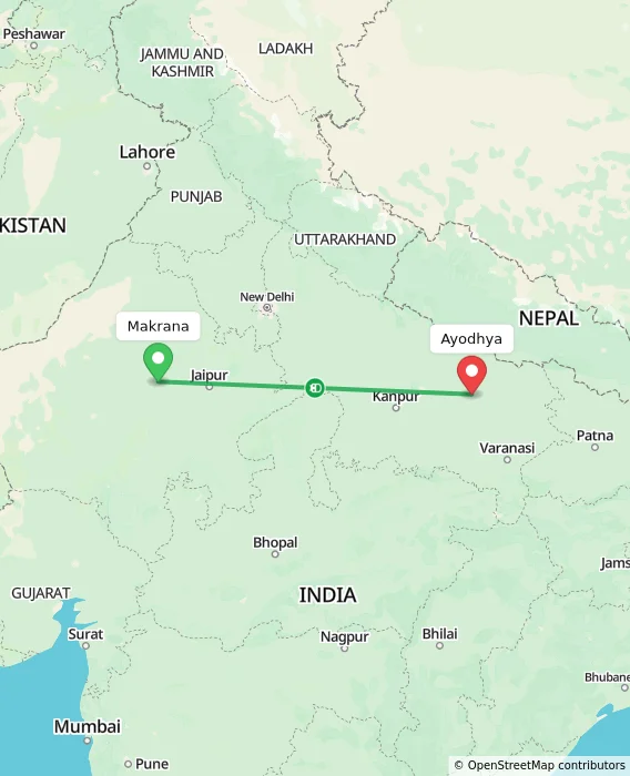 Route map showing distance and travel time from Makrana, India to Ayodhya, India