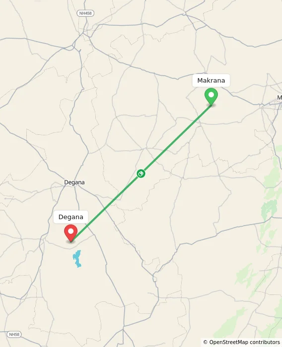 Route map showing distance and travel time from Makrana, India to Degana, India