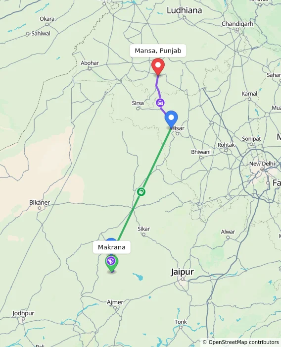 Route map showing distance and travel time from Makrana, India to Mansa, Punjab, India