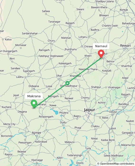 Route map showing distance and travel time from Makrana, India to Narnaul, India