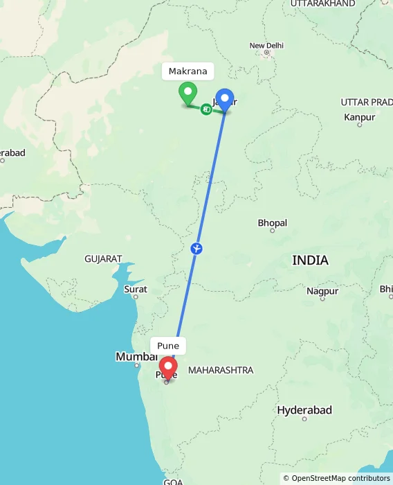 Route map showing distance and travel time from Makrana, India to Pune, India
