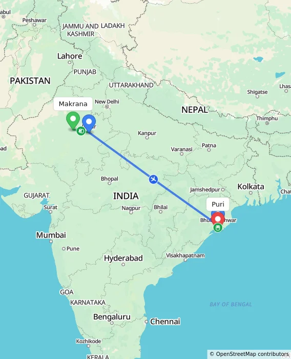 Route map showing distance and travel time from Makrana, India to Puri, India