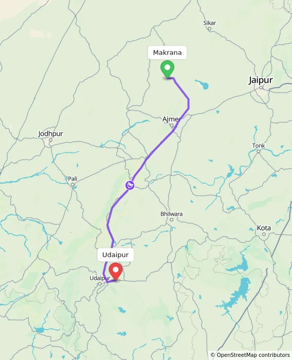 Route map showing distance and travel time from Makrana, India to Udaipur, India