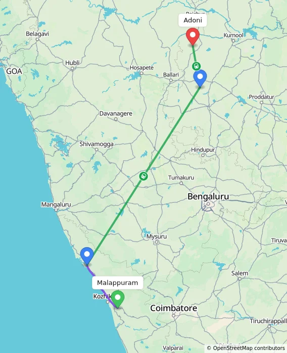 Route map showing distance and travel time from Malappuram, India to Adoni, India