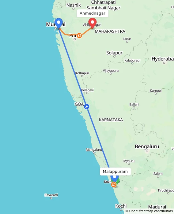 Route map showing distance and travel time from Malappuram, India to Ahmednagar, India