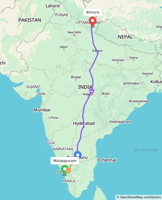 Route map showing distance and travel time from Malappuram, India to Almora, India