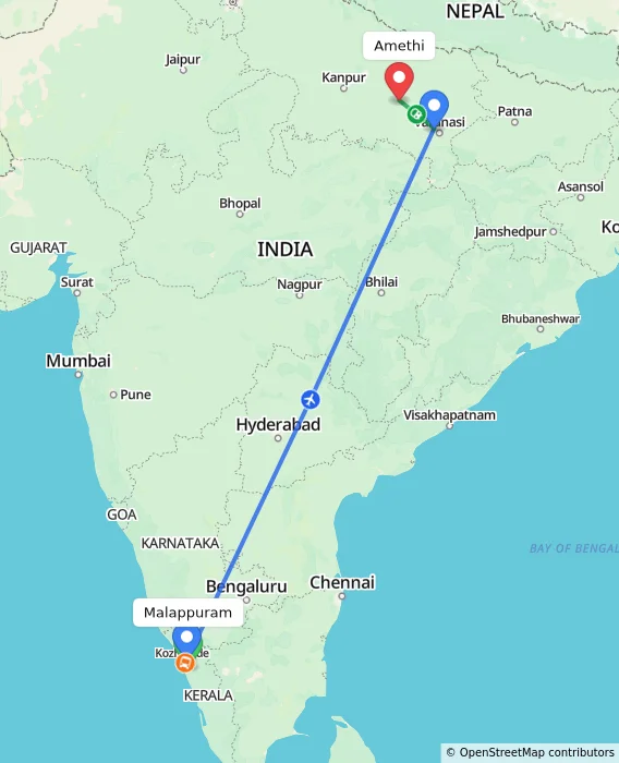 Route map showing distance and travel time from Malappuram, India to Amethi, India
