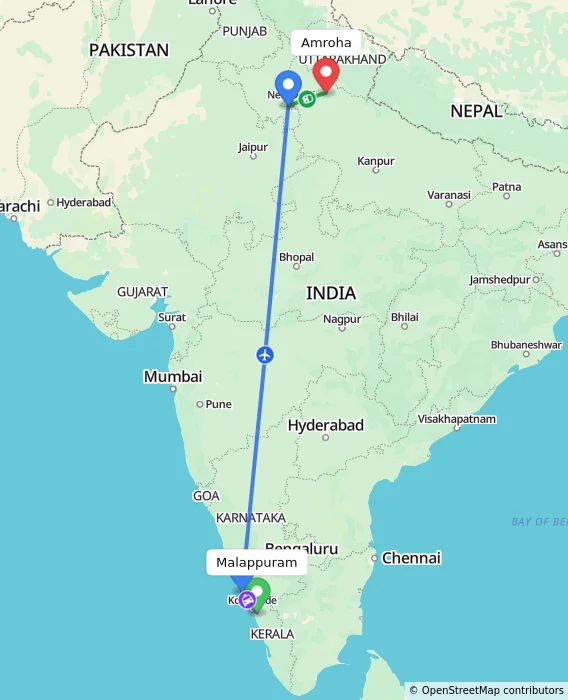 Route map showing distance and travel time from Malappuram, India to Amroha, India