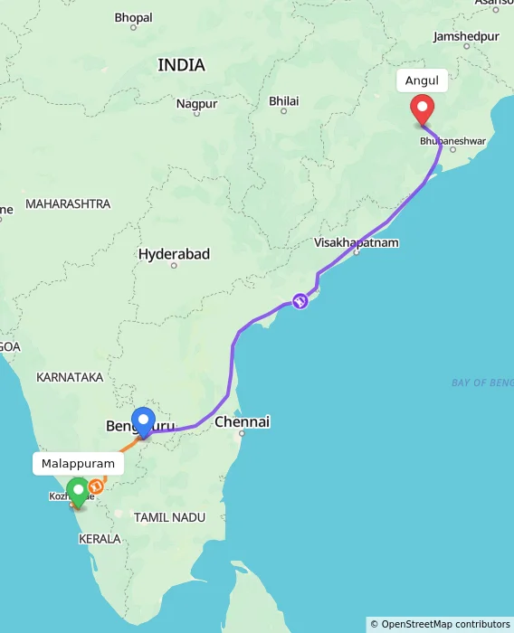 Route map showing distance and travel time from Malappuram, India to Angul, India