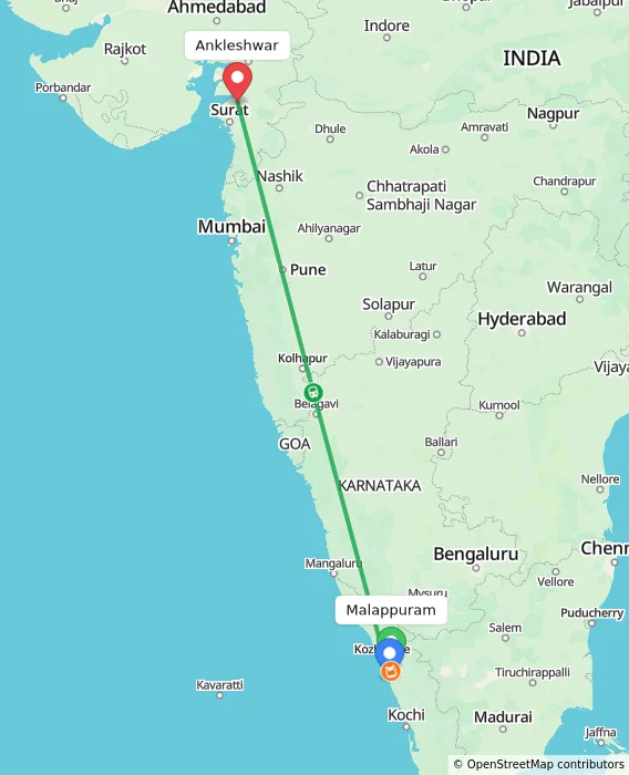 Route map showing distance and travel time from Malappuram, India to Ankleshwar, India