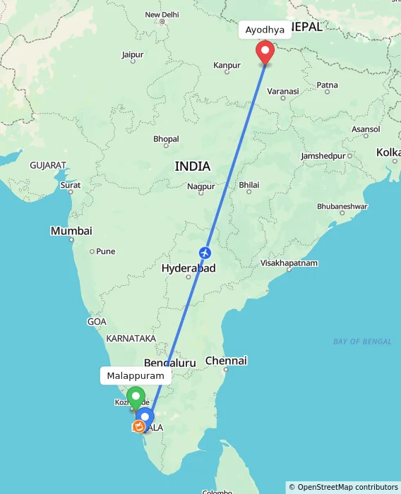 Route map showing distance and travel time from Malappuram, India to Ayodhya, India